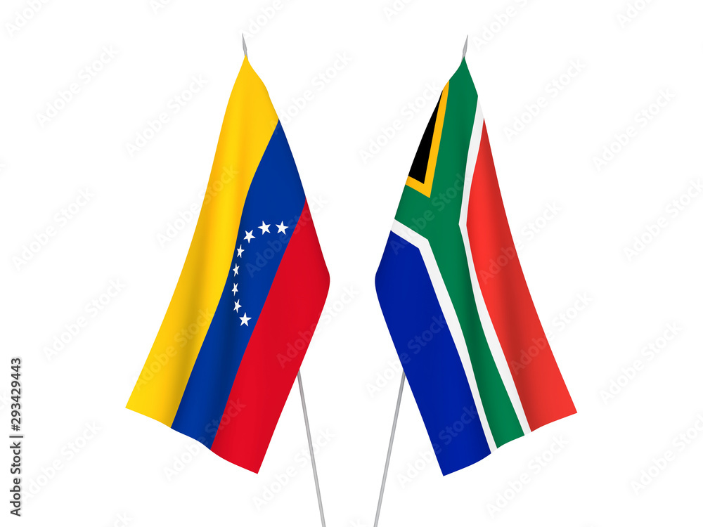 National fabric flags of Republic of South Africa and Venezuela isolated on white background. 3d rendering illustration. National fabric flags of Republic of South Africa and Venezuela isolated on white background. 3d rendering illustration.