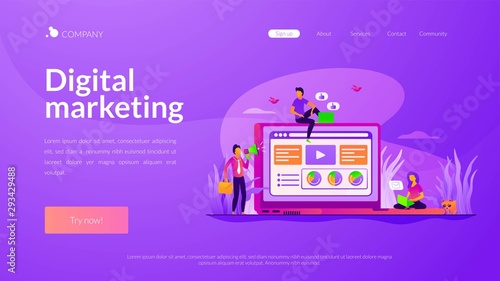 Business development. Marketing strategy. Online promotion. Content management. Digital marketing, PPC campaign, customer relationships concept. Website homepage header landing web page template.
