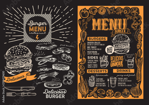 Burger menu food template for restaurant with doodle hand-drawn graphic.