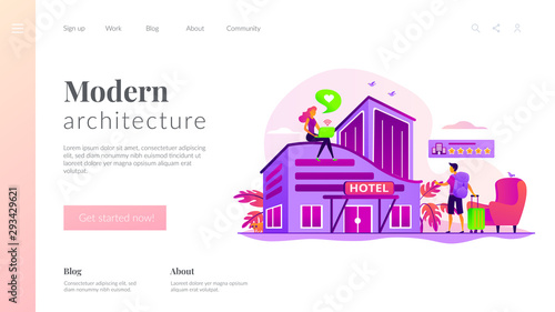 Tourist giving rating stars to hotel. Traveler accommodation. Hospitality industry. Design hotel, modern architecture, unique interior decoration concept. Website homepage header landing web page photo