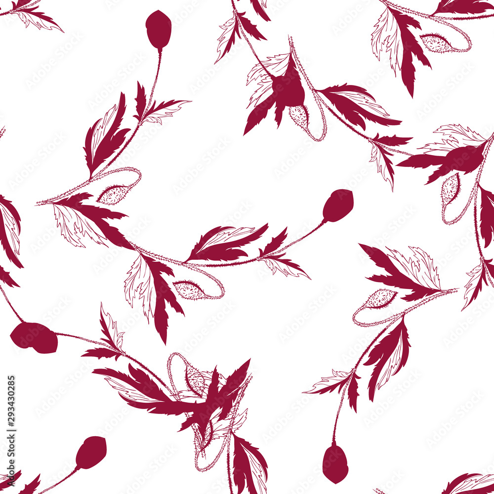 Flourish poppies pattern in line art style. Poppy flower line art. Botanical seamless vector texture. Colorful background blossoming bloomy vector. Wildflowers handcrafted artsy poppy surface design