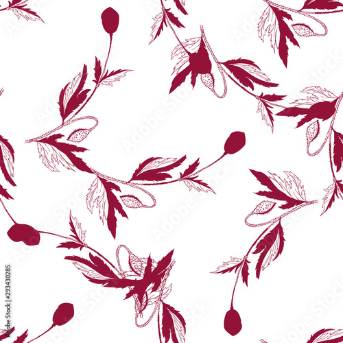 Flourish poppies pattern in line art style. Poppy flower line art. Botanical seamless vector texture. Colorful background blossoming bloomy vector. Wildflowers handcrafted artsy poppy surface design