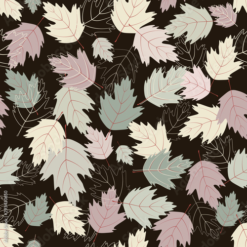 Seamless pattern. Colorful leaves on a dark background. Fabric, cover, print, wallpaper, background.