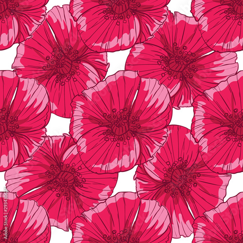 Flourish poppies pattern in line art style. Poppy flower line art. Botanical seamless vector texture. Colorful background blossoming bloomy vector. Wildflowers handcrafted artsy poppy surface design