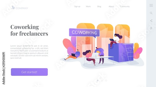 Productive cooperation, work organization, freelance and outsource. Coworking of freelancers, teamwork and communication, independent activity concept. Website homepage header landing web page