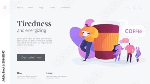 Coffee house, cafe takeout beverage. Friends drinking takeaway hot drink cartoon characters. Coffee break, low energy, tiredness and energizing concept. Website homepage header landing web page