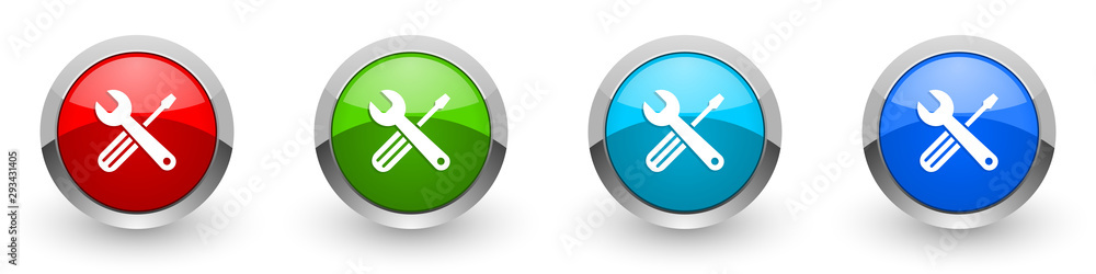 Tools silver metallic glossy icons, red, set of modern design buttons for web, internet and mobile applications in four colors options isolated on white background Tools silver metallic glossy icons, red, set of modern design buttons for web, internet and mobile applications in four colors options isolated on white background