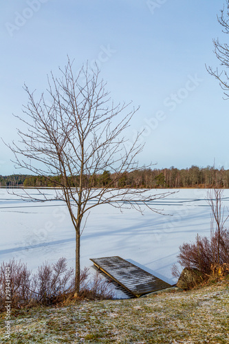 Jetty at a frozen lake with snow photo