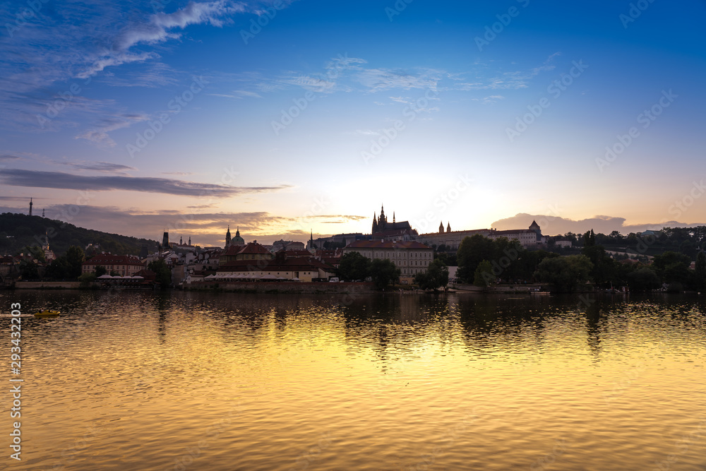 Naklejka premium Scenic panorama cityscape view of Moldava river boat Prague in Czech Republic.