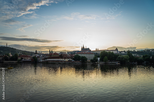 Scenic panorama cityscape view of Moldava river boat Prague in Czech Republic.