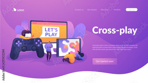 Cross-platform play, cross-play, cross-platform gaming on different video game hardware concept. Website homepage header landing web page template.