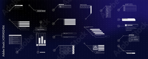 Interface elements HUD, UI, GUI. Vector Callout Titles set.  Futuristic callout bar labels, information call box bars and modern digital info boxes layout templates. Callouts titles in HUD style.