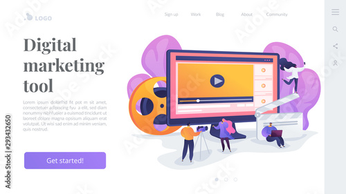 Marketers creating and distributing video content, tiny people. Video content marketing, video marketing strategy, digital marketing tool concept. Website homepage header landing web page template.