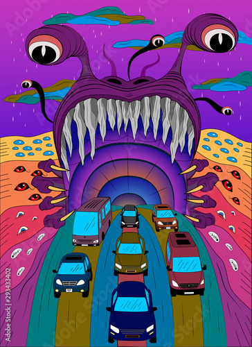 Monster psychedelic poster.Vector illustration of a psychedelic monster with open mouth from which the transport leaves. Design for t-shirts, textiles, backgrounds, etc.