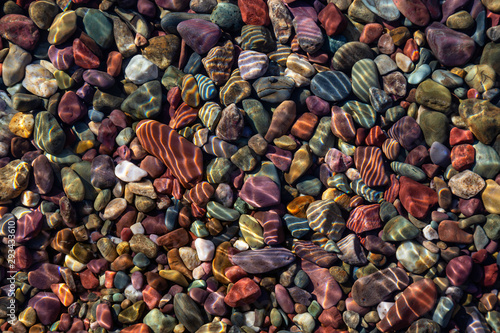 Colorful Rocks in a Glacier Lake during a sunny summer day. Taken in Lake McDonald, Glacier National Park, Montana, USA.