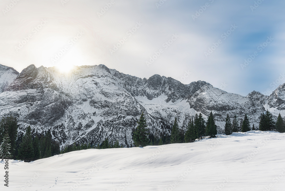 Winter morning scene with snowy Alps mountains in Austria
