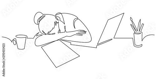 Girl sleeping on desk continuous one line drawing . Tired woman, freelancer leaning on table cartoon character.