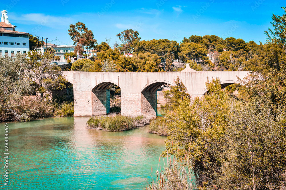 Famoso puente de una ciudad española cerca de un río con árboles 