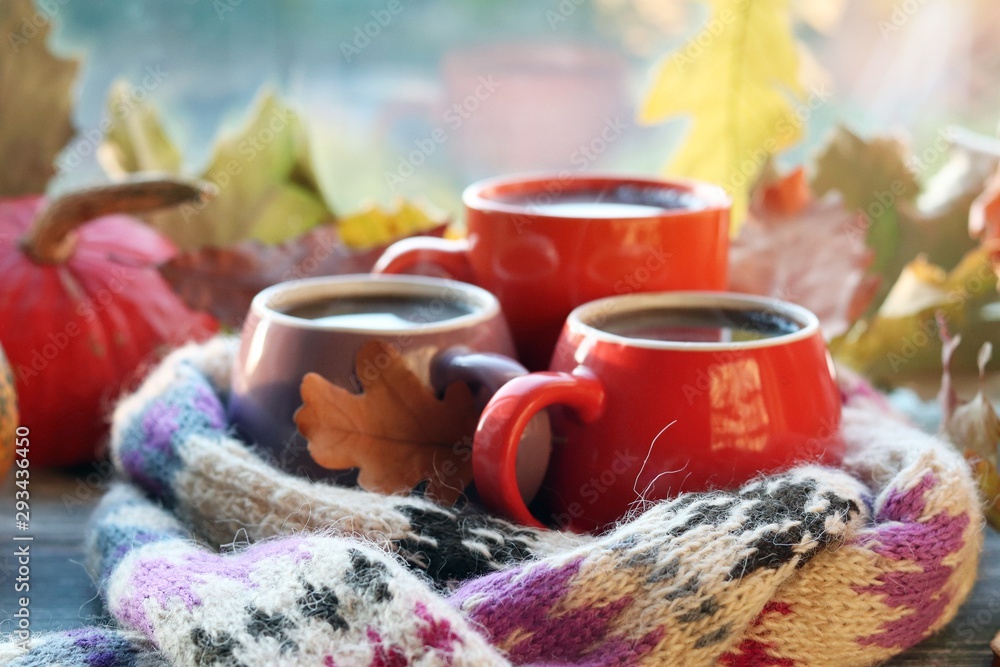 Three cups of coffee, pumpkins, leaves, a woolen scarf on a window background, the concept of home comfort, family, Thanksgiving, autumn season Three cups of coffee, pumpkins, leaves, a woolen scarf on a window background, the concept of home comfort, family, Thanksgiving, autumn season
