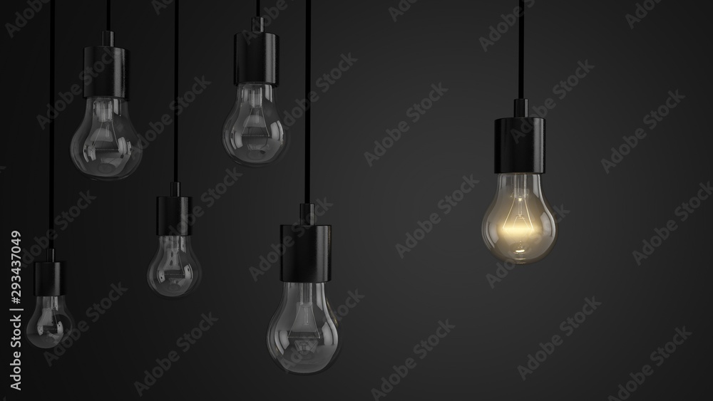 Hanging Light Bulbs in front of a dark black background (3D-Illustration), one glowing bulb, Concept for Ideas, Creativity, Energy Hanging Light Bulbs in front of a dark black background (3D-Illustration), one glowing bulb, Concept for Ideas, Creativity, Energy