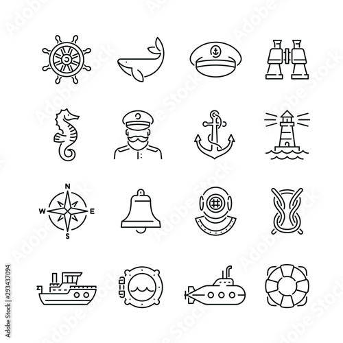 Marine related icons: thin vector icon set, black and white kit