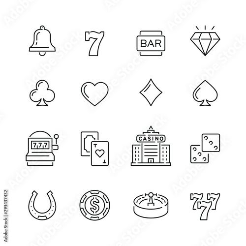 Casino and gambling related icons: thin vector icon set, black and white kit