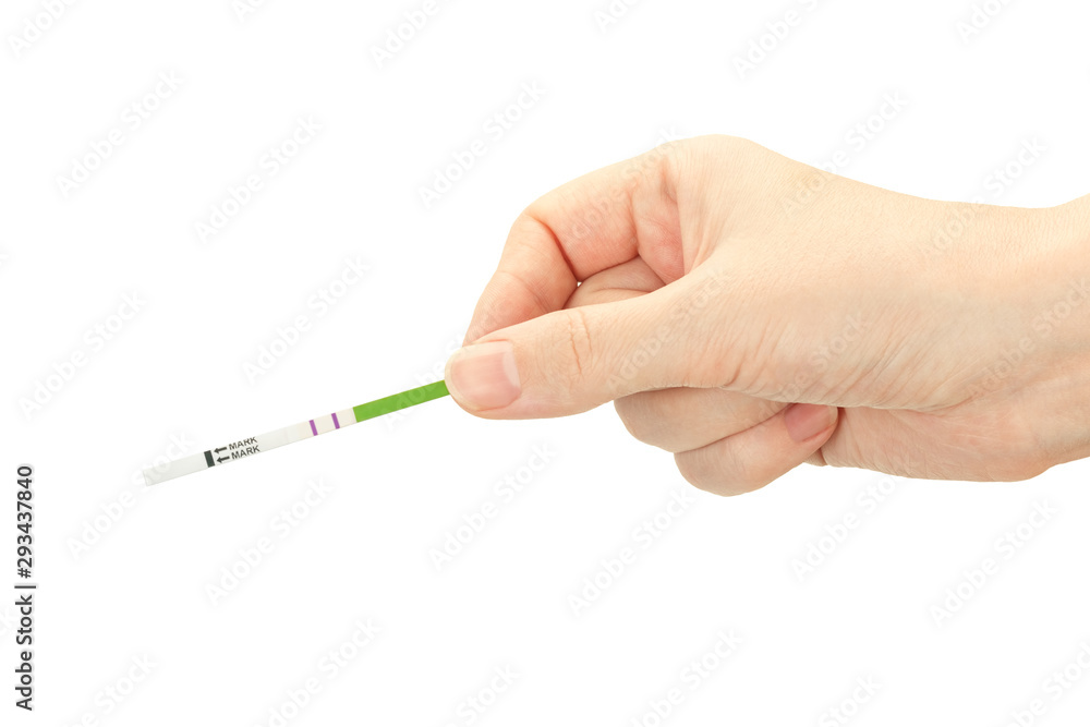 Pregnancy test in female hand isolated on white background. Test strip with a positive result - two stripe. Pregnancy test in female hand isolated on white background. Test strip with a positive result - two stripe.