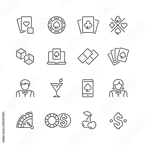 Casino and gambling related icons: thin vector icon set, black and white kit