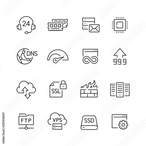Hosting related icons: thin vector icon set, black and white kit