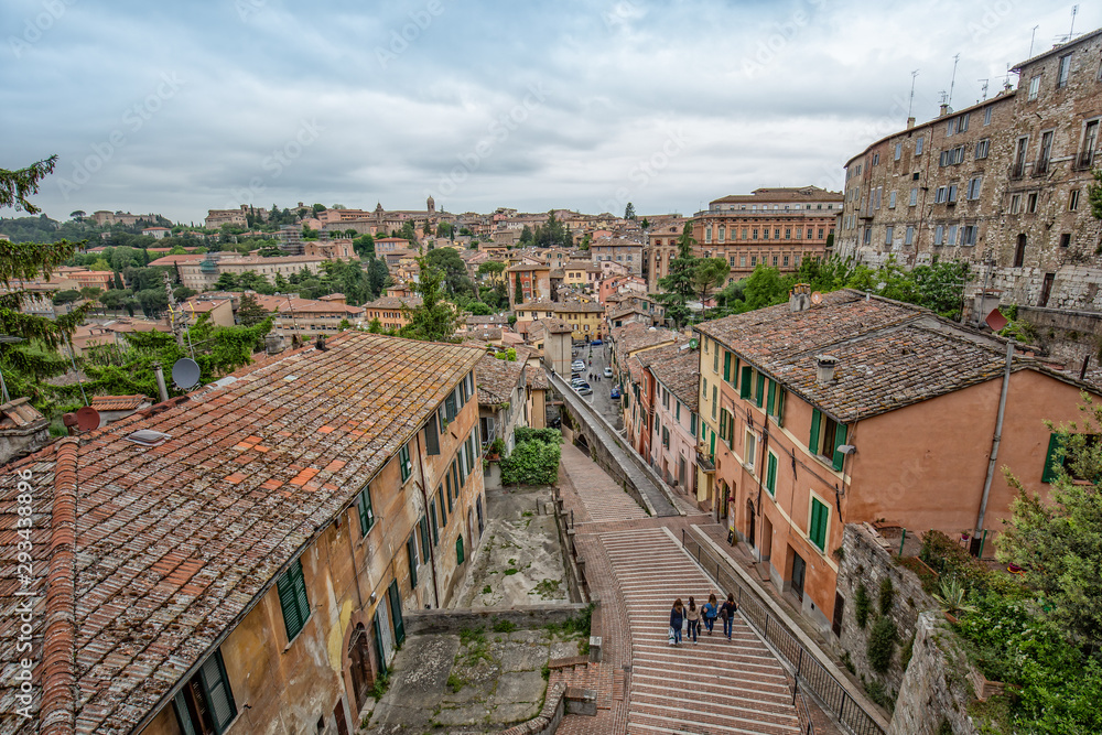 The Arch of the Aqueduct is one of numerous medieval arches in Perugia.Panoramic view of the historic aqueduct, Via dell Acquedotto street and Via Appia street in Perugia, Umbria, Italy