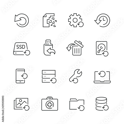 Recovery related icons: thin vector icon set, black and white kit