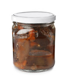 Jar with pickled eggplant slices on white background
