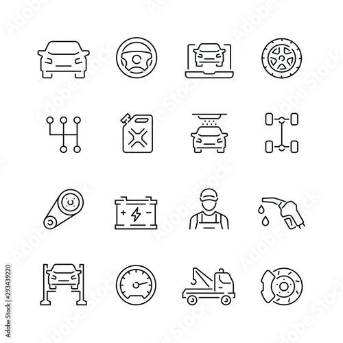 Car service related icons: thin vector icon set, black and white kit