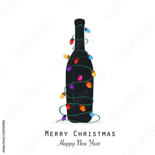 Christmas black champagne bottle with colorful light bulb vector greeting card