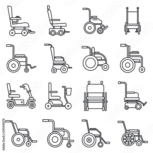 Human wheelchair icons set. Outline set of human wheelchair vector icons for web design isolated on white background
