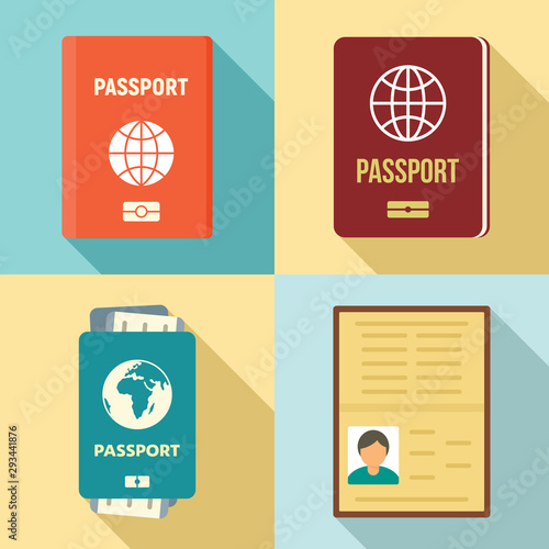 Passport icons set. Flat set of passport vector icons for web design