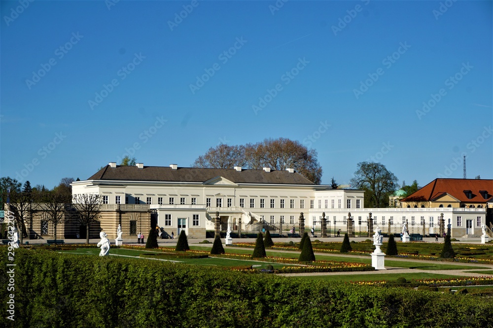 View over the flower beds of Herrenhausen Gardens to castle