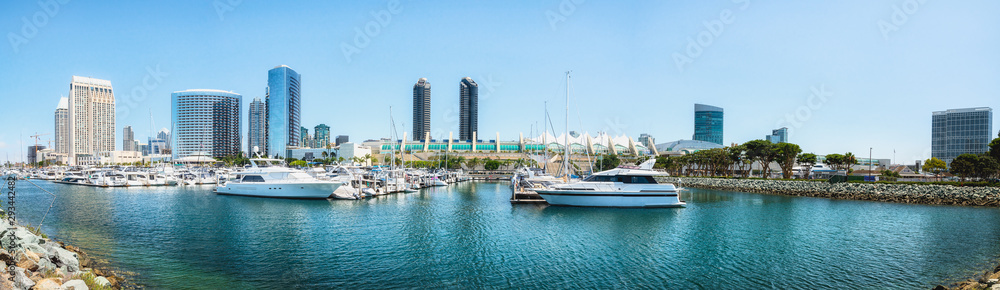 San Diego Marina Harbor Panoramic View. Luxury Yachts in Embarcadero Marina Park  With San Diego Skyline and Convention Center in Background