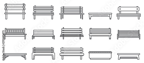 Street bench icons set. Outline set of street bench vector icons for web design isolated on white background