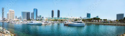 San Diego Marina Harbor Panoramic View. Luxury Yachts in Embarcadero Marina Park  With San Diego Skyline and Convention Center in Background © Hanna Tor