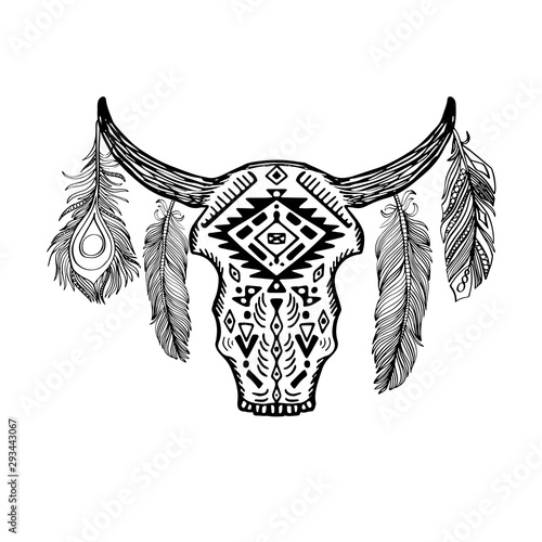 Contour illustration bull skull with antlers and feathers with boho pattern. Vector doodle element for printing on T-shirts, tattoo sketch, postcards and your creativity