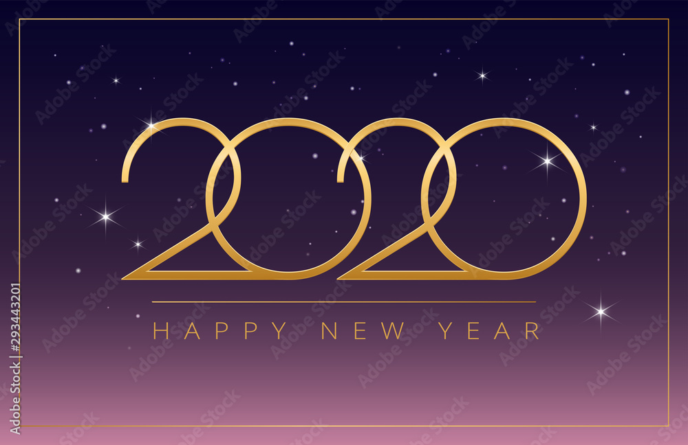 Fototapeta premium Happy New Year 2020 stars party greeting card elegant design - Golden 2019 and Happy New Year elegant typography on purple night sky background - 2020 vector