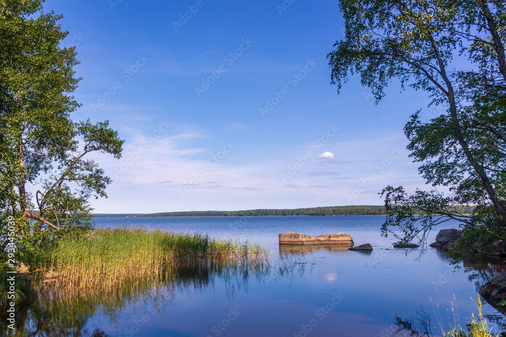 Fototapeta premium Landscape with lake and blue sky. Quiet Monrepos park in Vyborg, Russia..