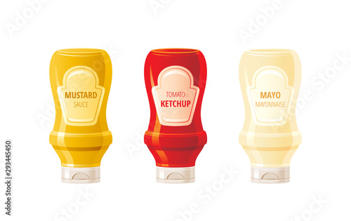 Mustard, ketchup, mayonnaise sauces bottles. Hot sauce set. Food icons with text logo label on plastic squeeze bottle packaging. 3d realistic vector illustration. Americain spice. Isolated background