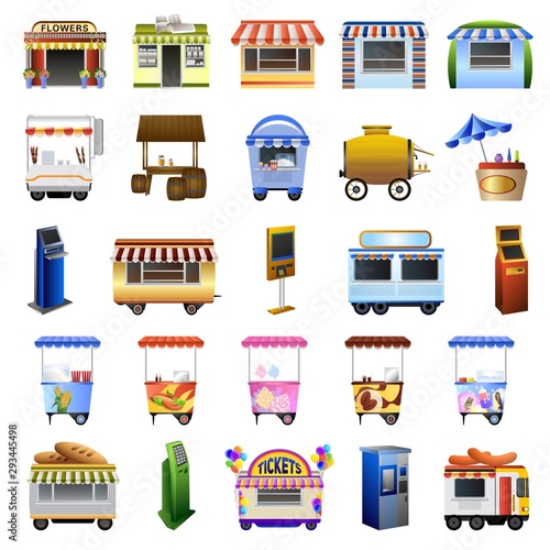 Kiosk icons set. Cartoon set of kiosk vector icons for web design