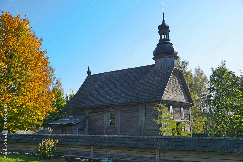 Wooden Uniate Church in Belarusian state museum of folk architecture and rural lifestyle in village Strochitsy or Strochitsy-Ozertso Wooden Uniate Church in Belarusian state museum of folk architecture and rural lifestyle in village Strochitsy or Strochitsy-Ozertso