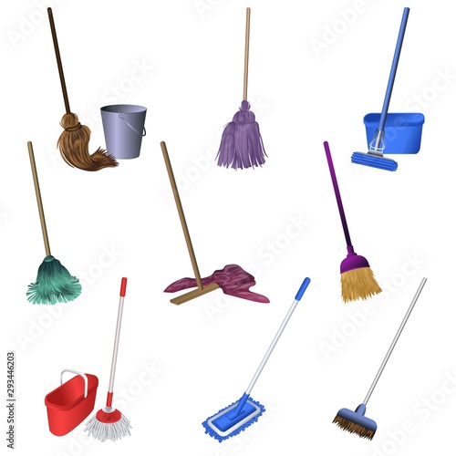 Mop icons set. Cartoon set of mop vector icons for web design
