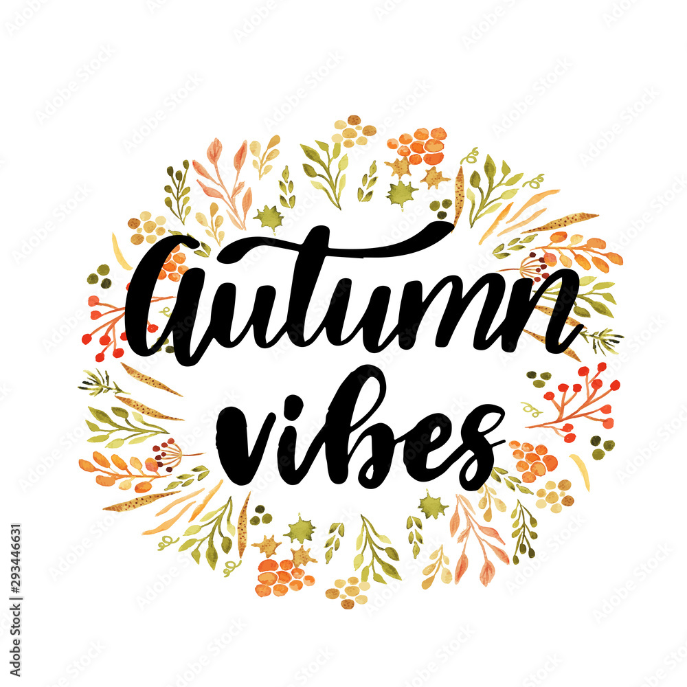 Obraz premium Hello autumn hand lettering phrase on orange watercolor maple leaf background