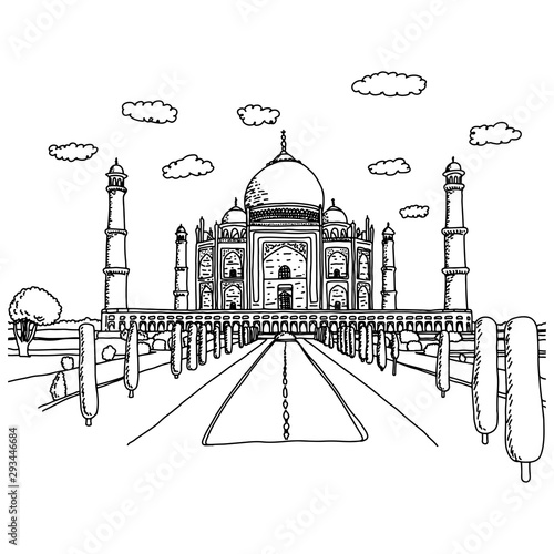 Taj mahal landmark vector illustration sketch doodle hand drawn with black lines isolated on white background