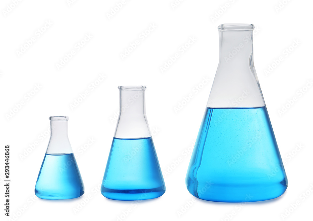 Conical flasks with blue liquid on white background. Laboratory glassware Conical flasks with blue liquid on white background. Laboratory glassware